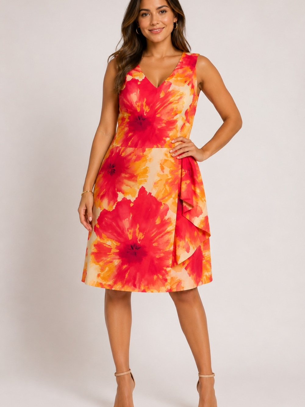 Ashley Stewart Women’s Size 14 Floral Print Sleeveless Dress Red Orange Yellow